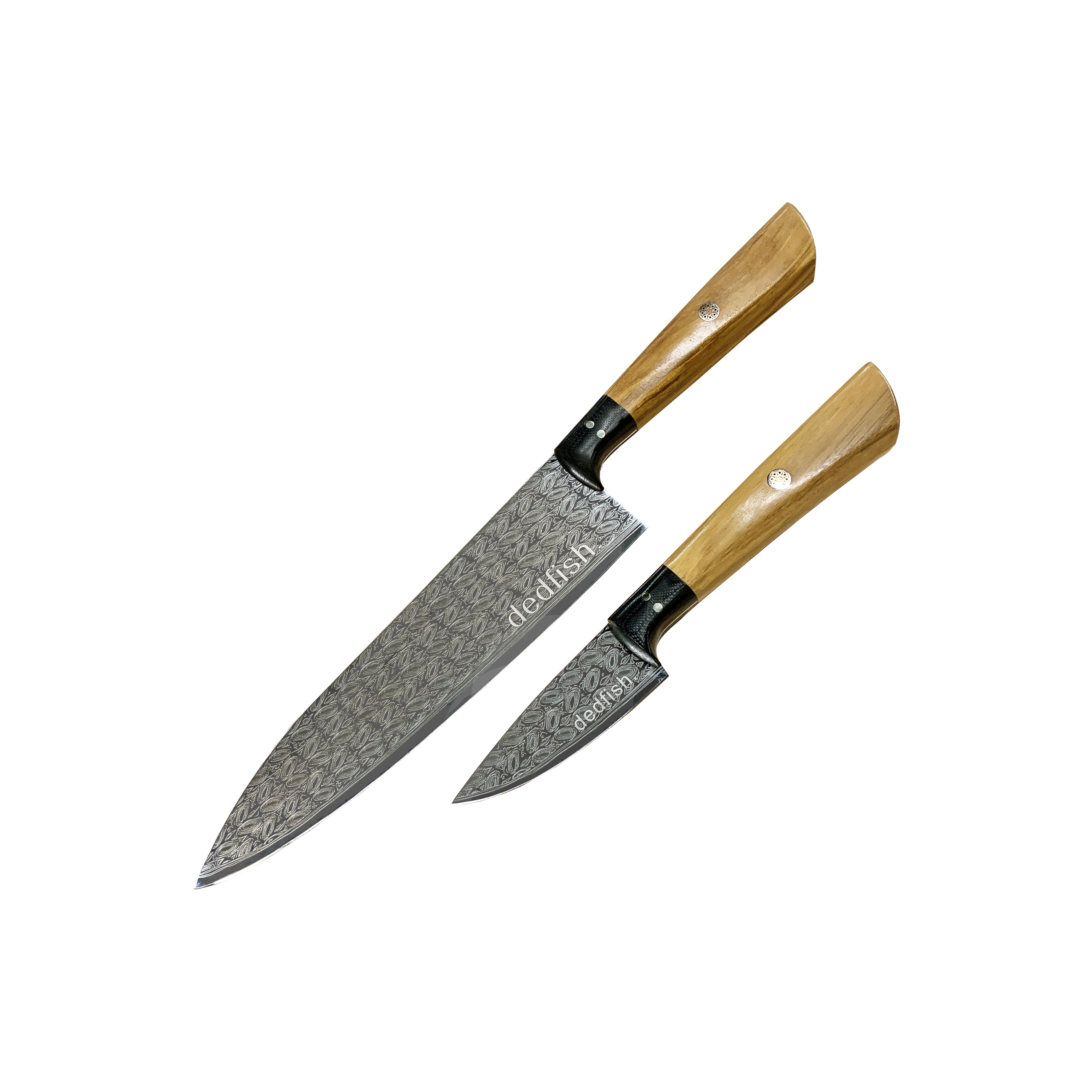 Dedfish Co. Kitchen Knife Set - Laser Etched Stainless Steel with Oliv