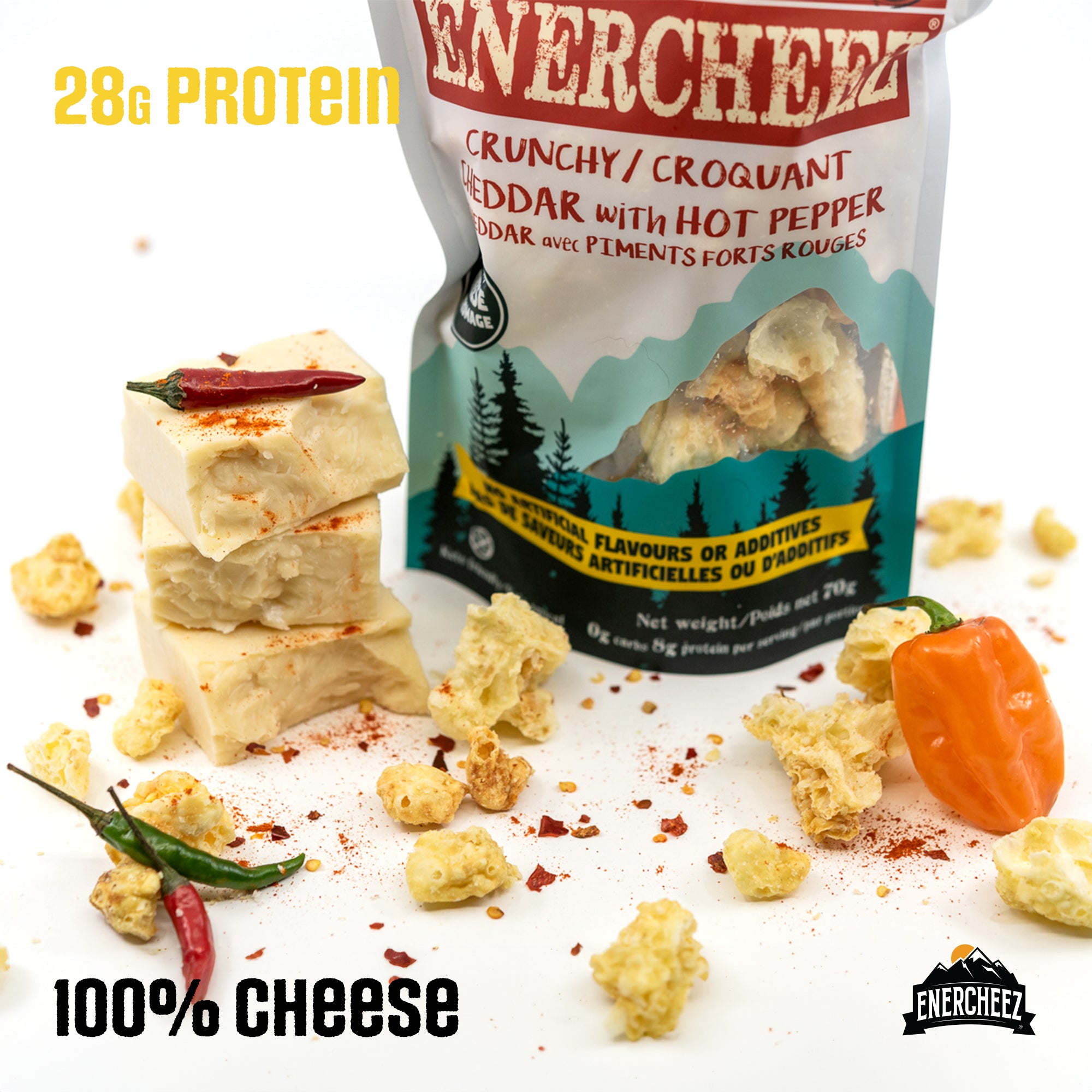 Enercheez Cheddar & Hot Pepper spicy crispy cheese snack - 100% Canadian cheese with hot pepper, keto-friendly